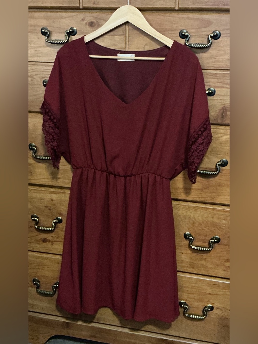 Altar'd State Burgundy Midi Dress with Crochet Sleeve Detail